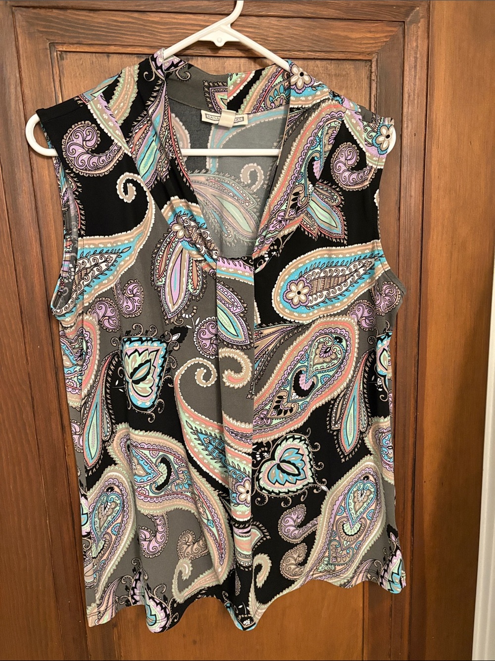 Sleeveless Paisley V-Neck Top in Black with Pastel Accents